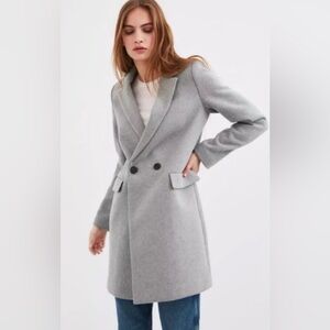 Zara TRF Collection gray double breasted peacoat jacket wool blend Sz XL classy